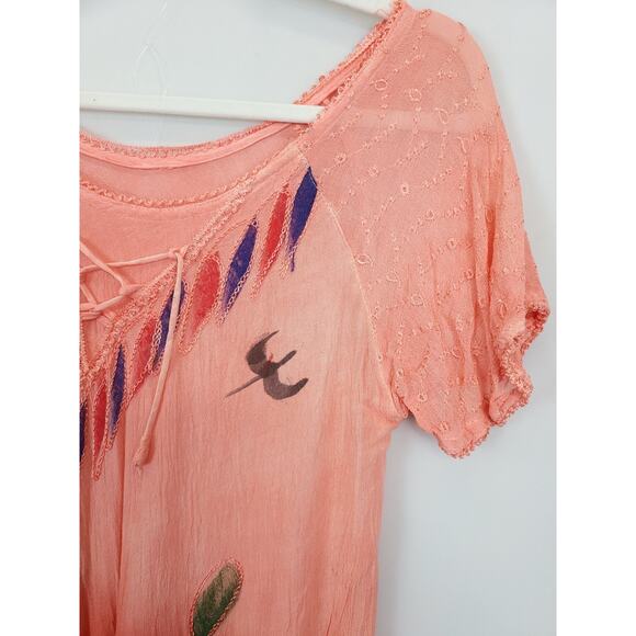 Asymmetrical Dress Boho Hippie Watercolor Ombre Peach Rust Floral Embroidered M - Picture 12 of 15